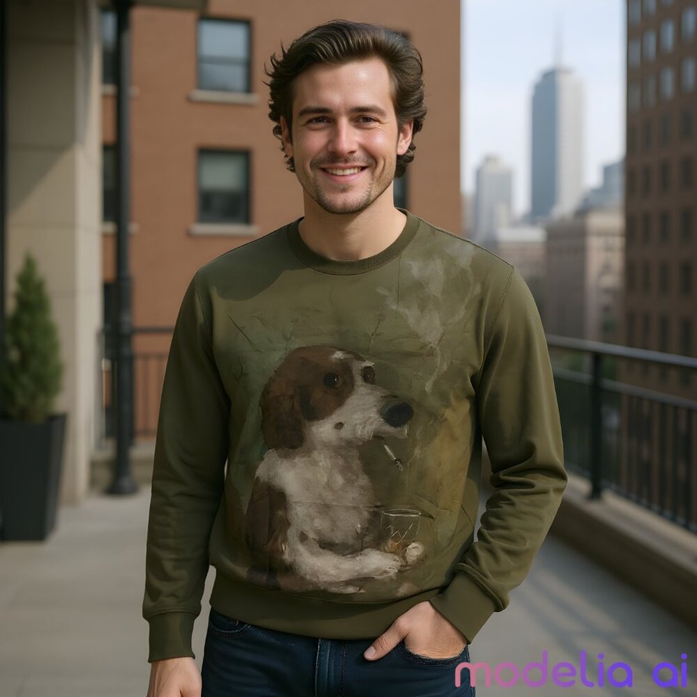 Sweatshirt Dog Smoking / Drinking Men's Size Large Green/Brown Polyester Novelty - Picture 1 of 3